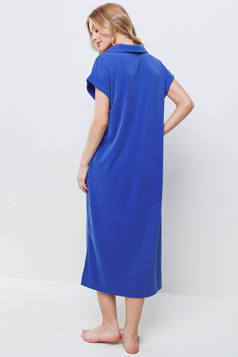 Plus Collared Roll-Up Short Sleeve Midi Dress