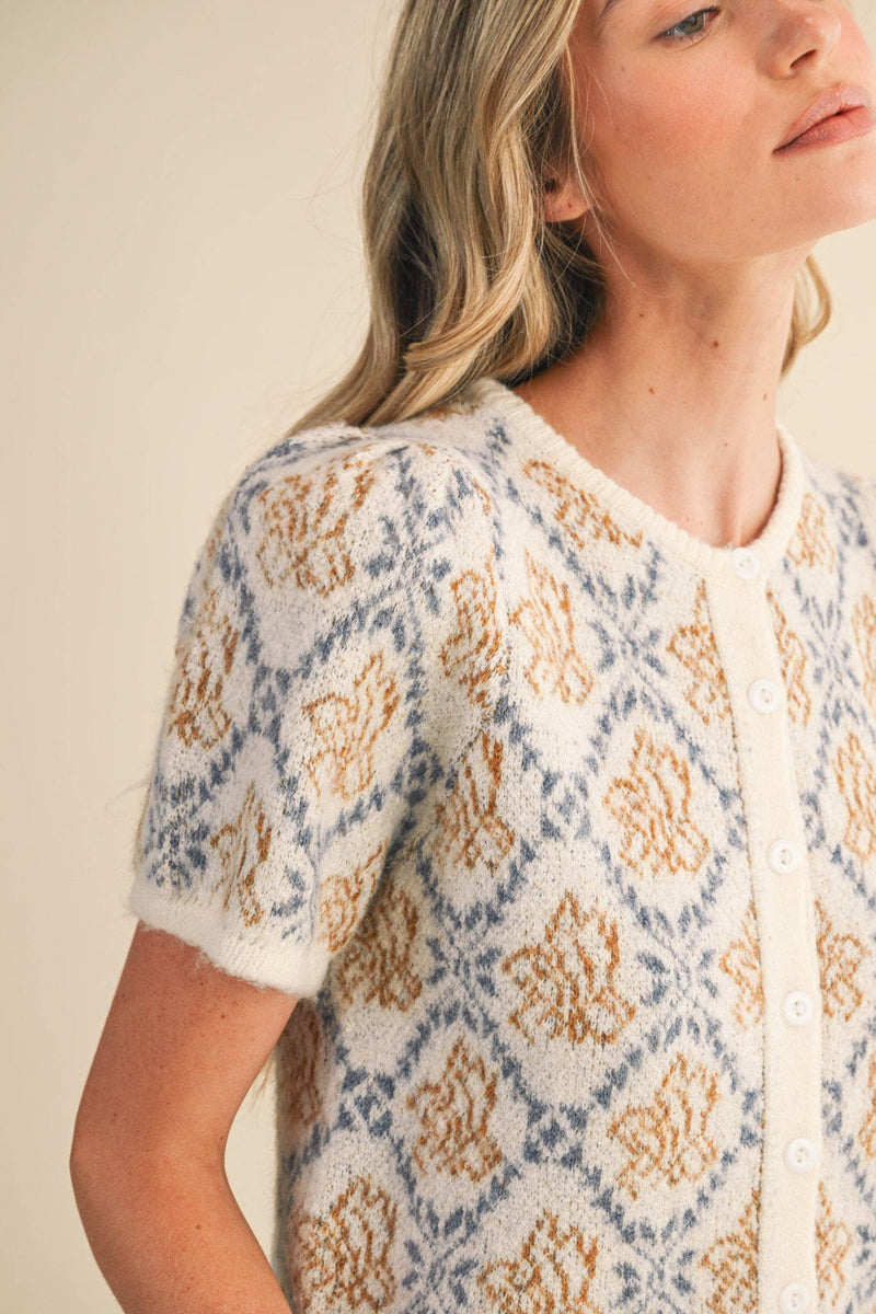 FLORAL SHORT SLEEVE SWEATER CARDIGAN