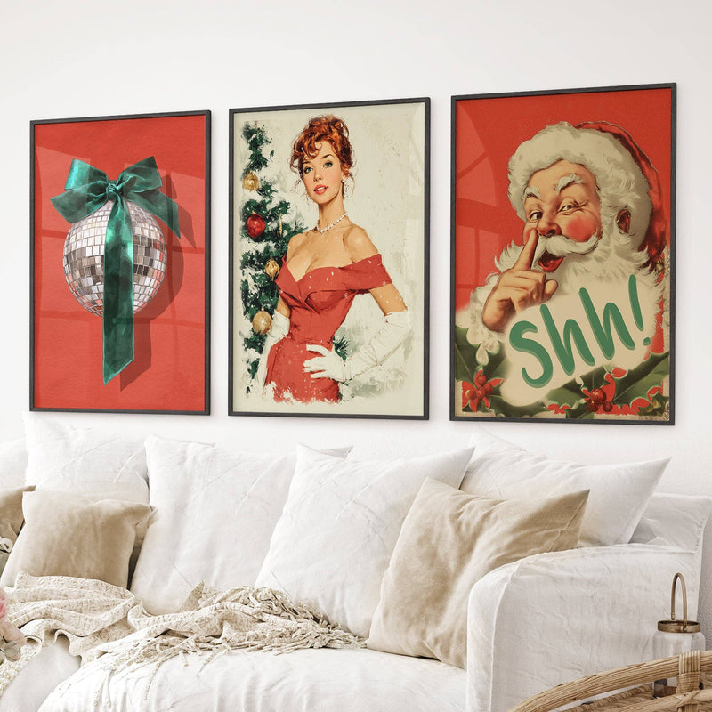 Retro Holiday 3 Piece Wall Art: Santa, Pin-Up Girl, Disco Ball