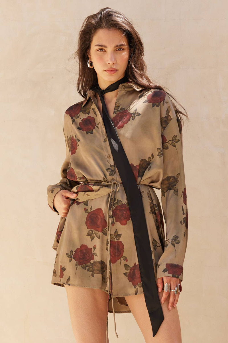 Floral Satin Belted Button-Up Shirt Romper