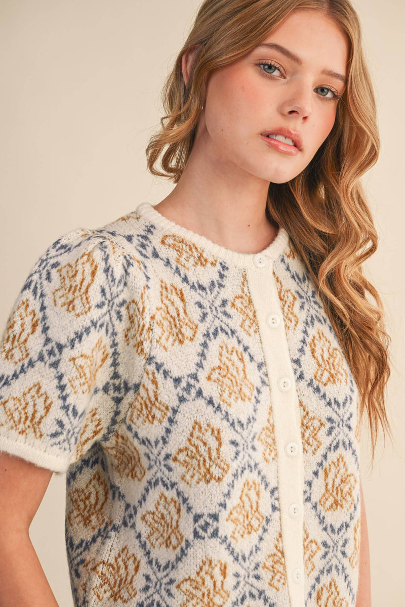 FLORAL SHORT SLEEVE SWEATER CARDIGAN