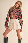 EXCLUSIVE FLORAL BORDER PRINT TOP WITH FLORAL TRIM