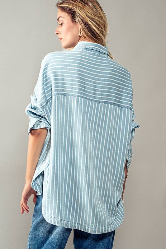 Casual Striped Double Pocket Button Down Collar Shirt