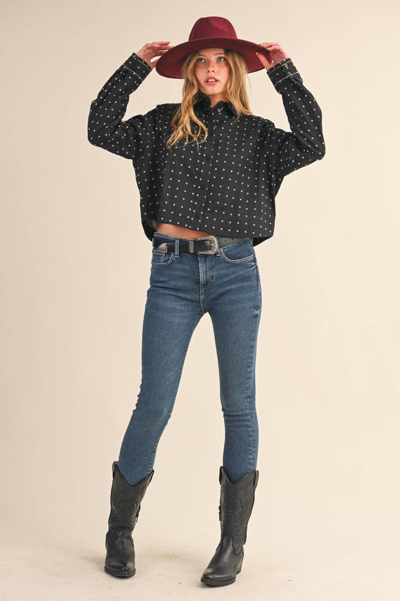 POLKA DOT FLORAL EMBROIDERY BUTTON UP TOP