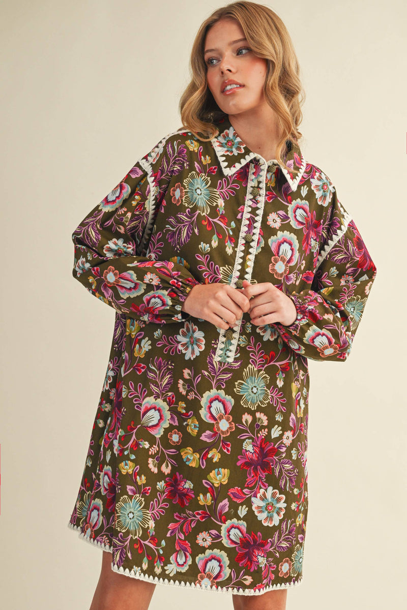 BLANKET STITCH BUTTONED MINI DRESS