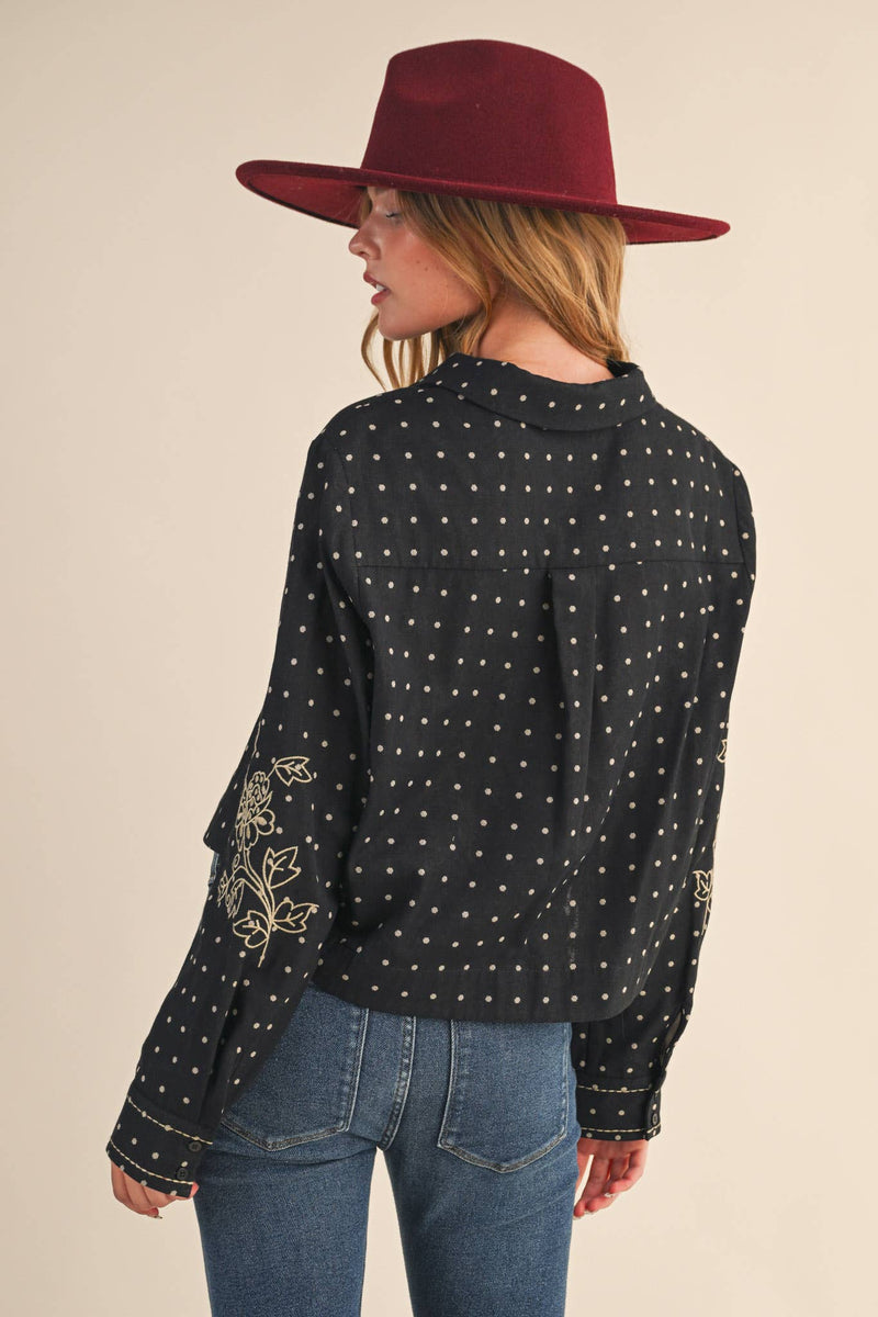 POLKA DOT FLORAL EMBROIDERY BUTTON UP TOP
