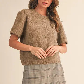 SHORT PUFF SLEEVE SWEATER CARDIGAN