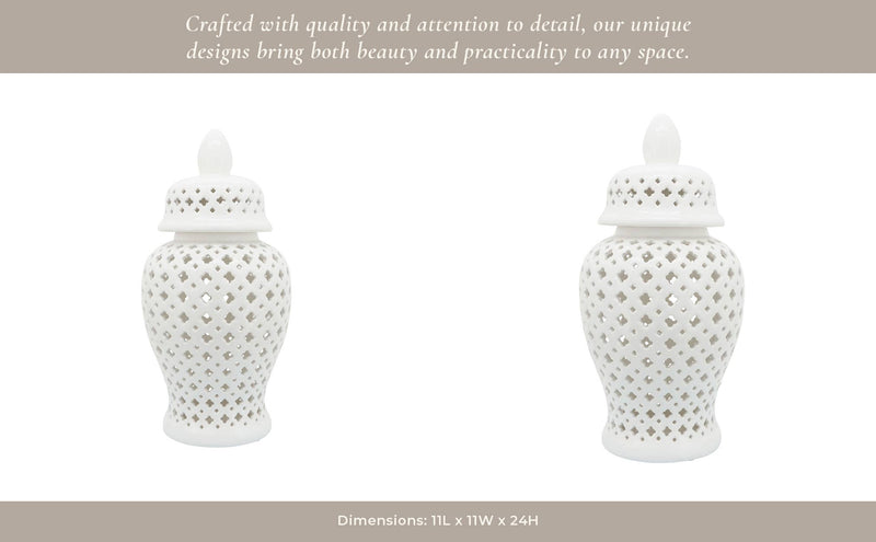 Ceramic Intricate Cut Out Lidded Jar - White, 24 in.