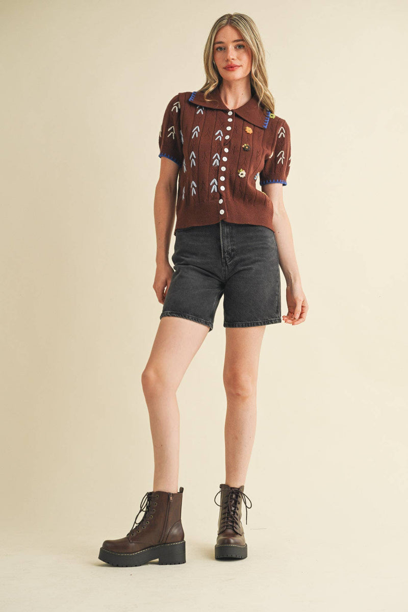 HAND EMBROIDERED SHORT SLV BUTTON DOWN SWEATER