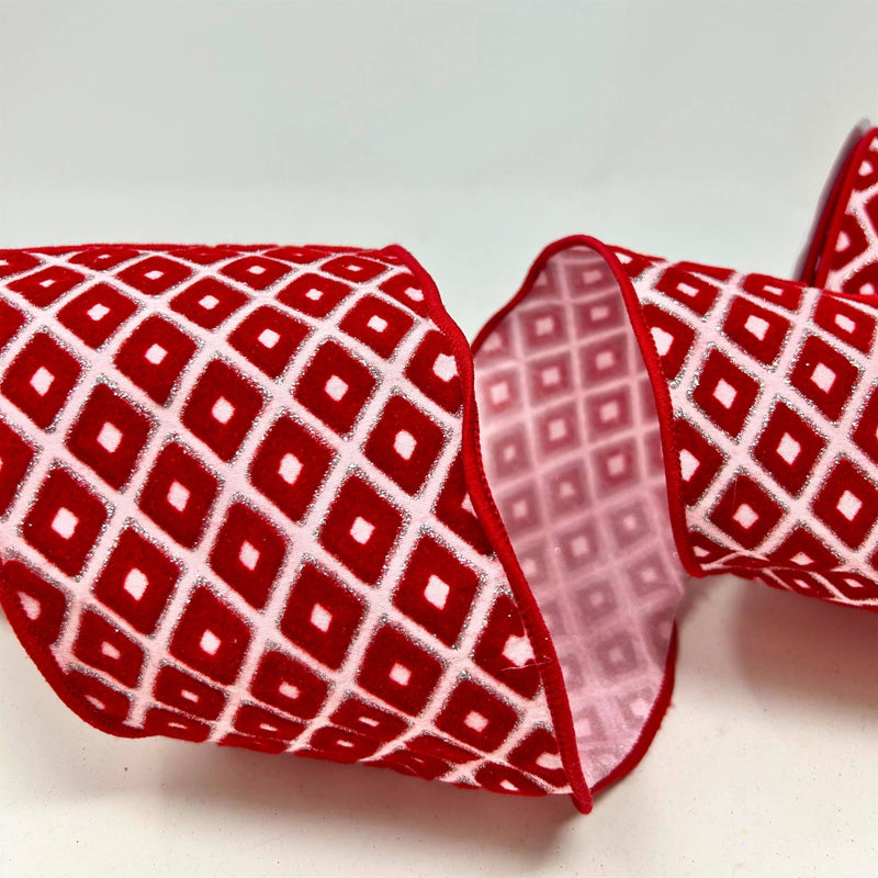 Red Flocked Diamond Pattern on Pink Ribbon 4" x 10yd