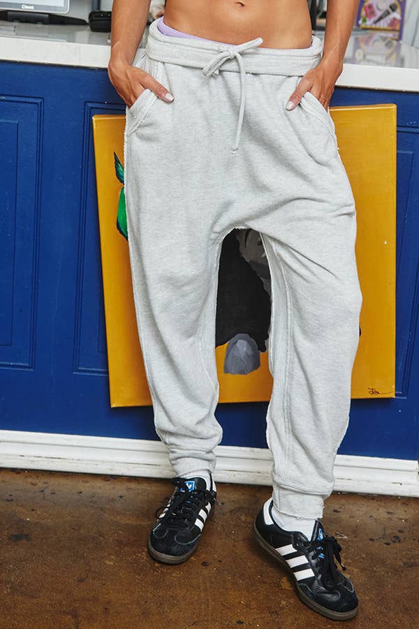 P5543 Solid Terry Raw Edge Low Crotch Joggers Sweatpants