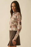 Floral Mesh Raglan-Sleeve Mock-Neck Thumbhole Top