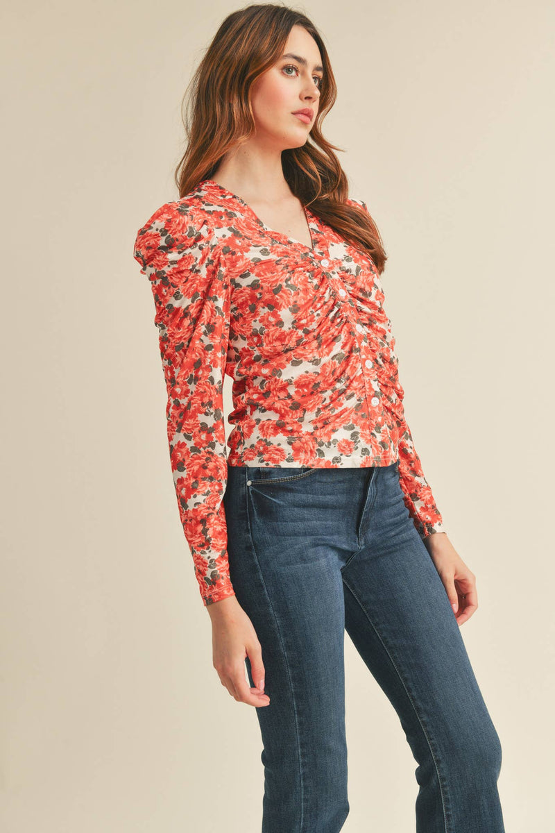 RUCHED BUTTON DOWN PUFF SLEEVE TOP