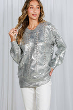 Crew Neck Cable Metallic Foil Knitted Sweater