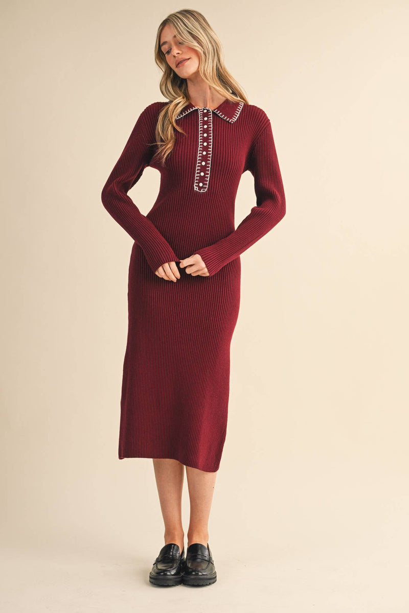RIBBED SWEATER MIDI DRESS WITH CONTRAST STITCH