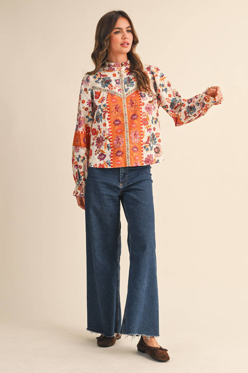 EXCLUSIVE FLORAL BORDER PRINT TOP WITH FLORAL TRIM