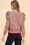 CW2569-Floral Print Long Puff Sleeves Sweater