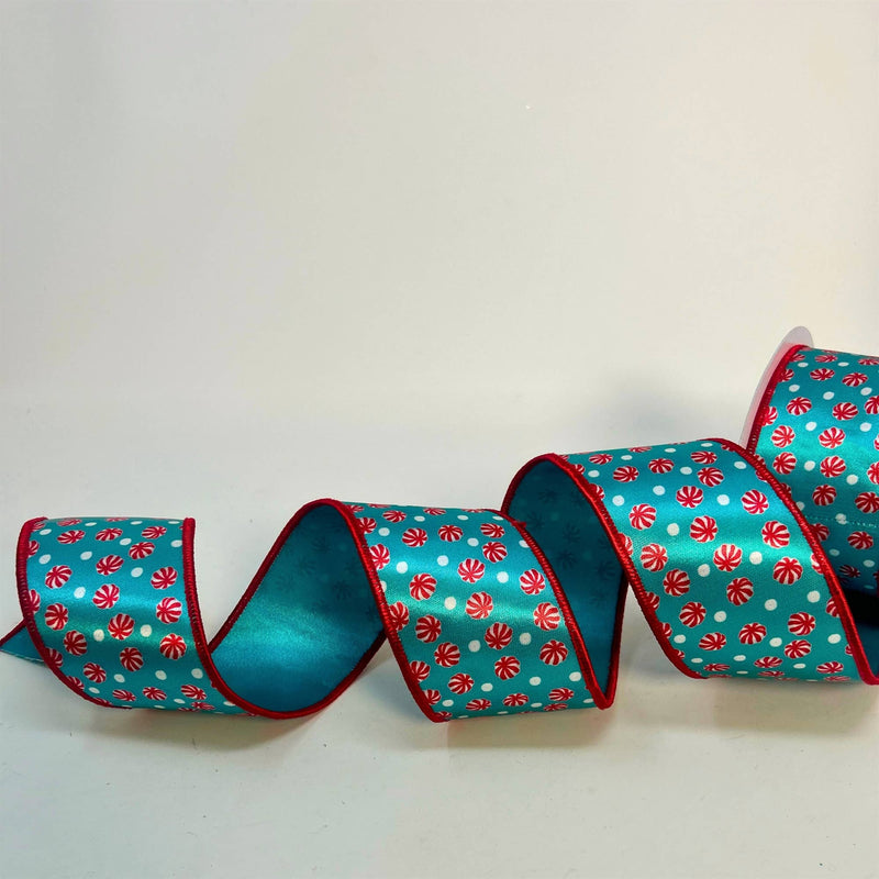 Peppermint Candy on Aqua Satin Ribbon 2.5" x 10yd