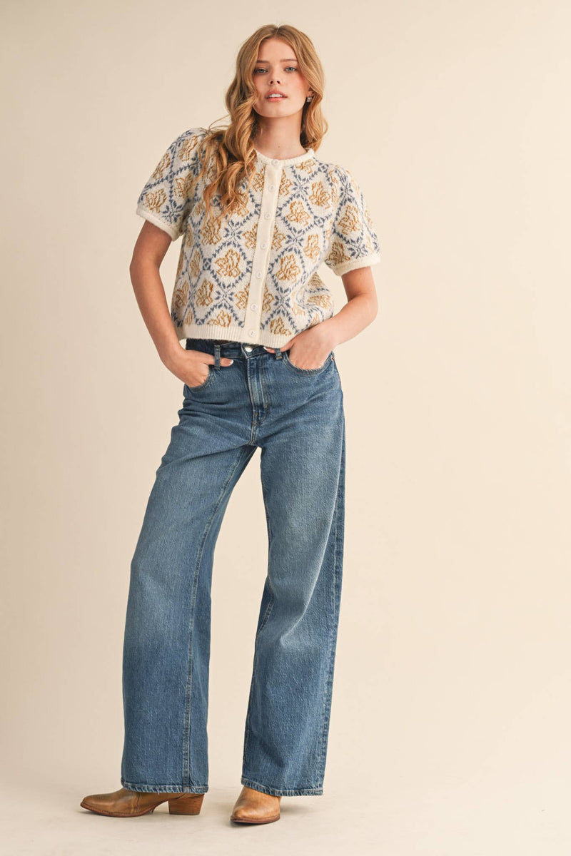 FLORAL SHORT SLEEVE SWEATER CARDIGAN