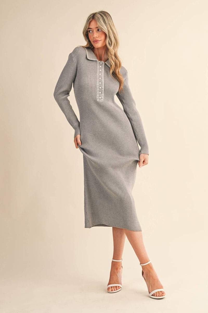 RIBBED SWEATER MIDI DRESS WITH CONTRAST STITCH S / Navy RIBBED SWEATER MIDI DRESS WITH CONTRAST STITCH S / Navy