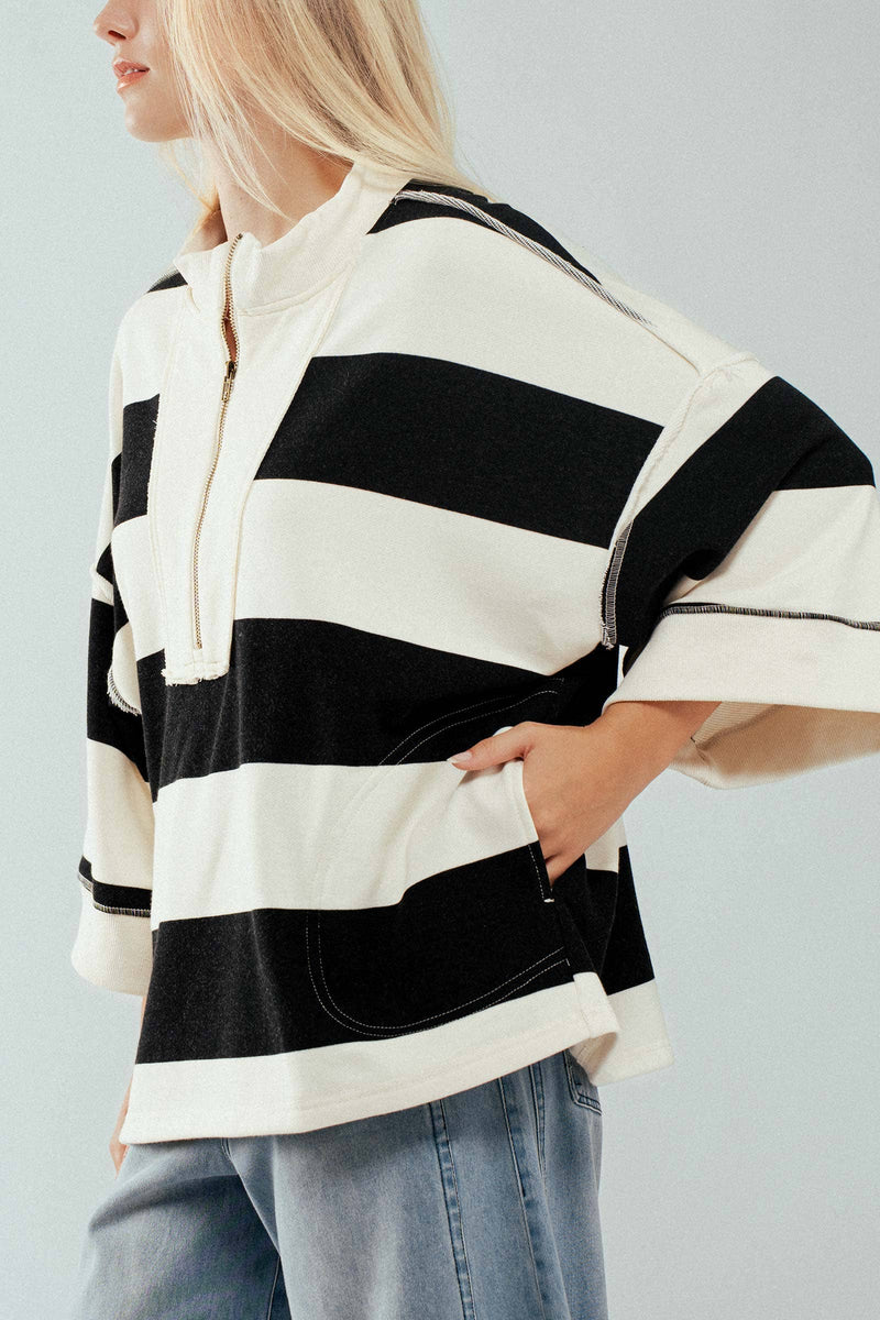 Oversized Half Zip Bold Stripe Statement Pullover Sweatshirt