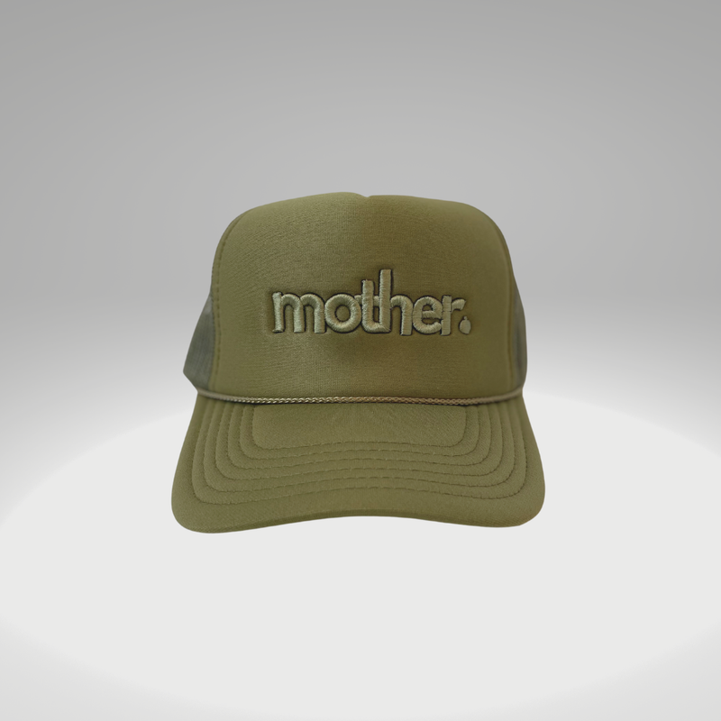 "mother." Embroidered Trucker Hat - Olive