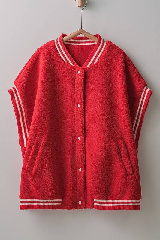 Oversized Sherpa Textured Varsity Button Front Vest