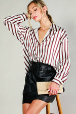 Collard Vertical Striped Printed Satin Blouse Top VT81315