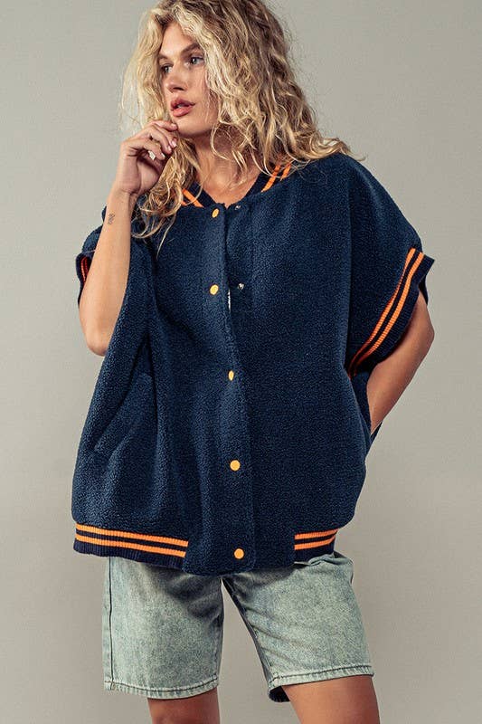 Oversized Sherpa Textured Varsity Button Front Vest