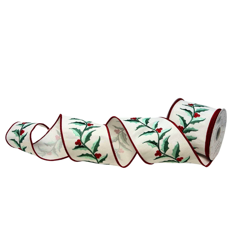 Sage Holly Leaves on White Faux Dupioni Ribbon 4" x 10yd