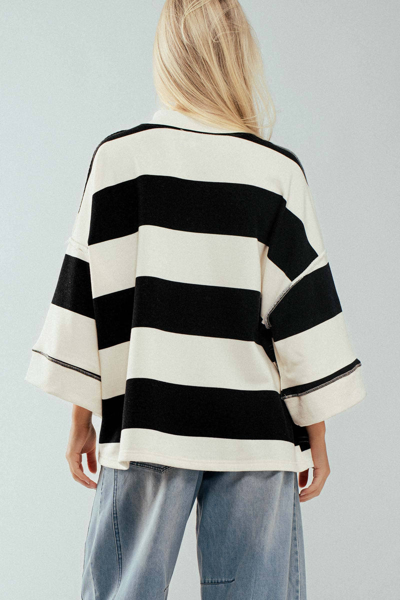Oversized Half Zip Bold Stripe Statement Pullover Sweatshirt