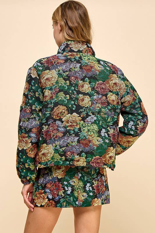 Corduroy Floral Printed Puffer Jacket