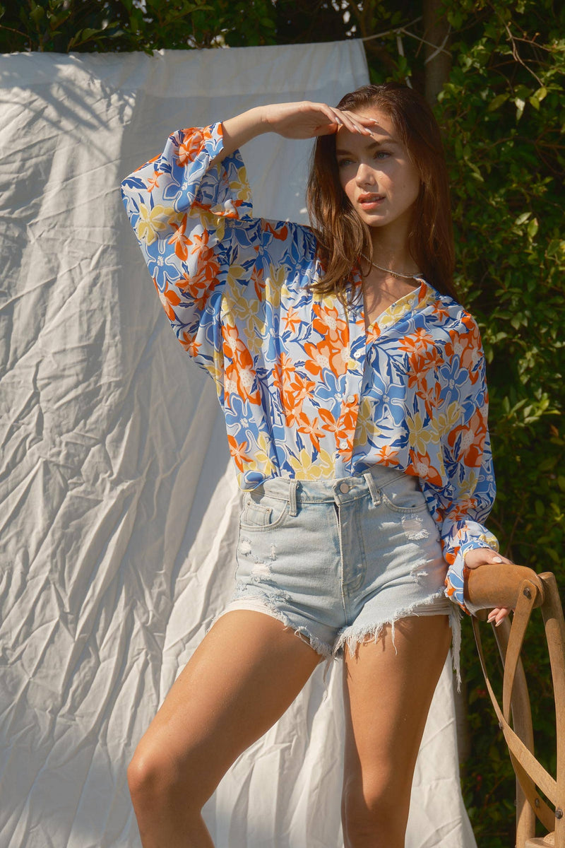 Floral Print Button Down Blouse Top