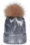 METALLIC SPARKLY FLUFFY POM POM BEANIE SILVER