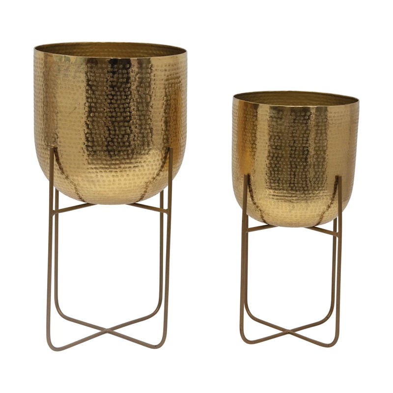 Hammered Metal Planters with Stands - Gold