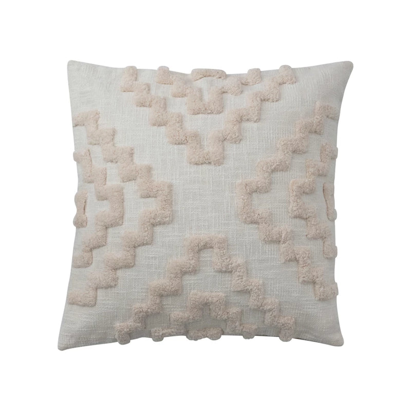 20" Cotton Tufted Pillow w/ Pattern & Chambray Back - White