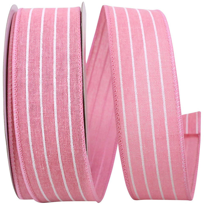Pin Stripe Linen Wired Edge, Pink, 1-1/2 In, 10 Yards