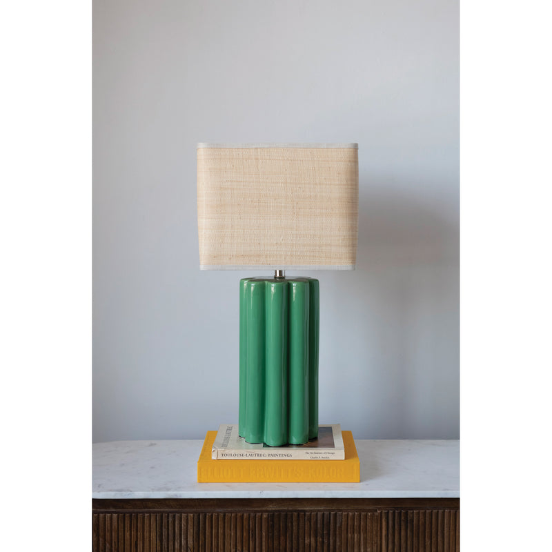 Stoneware Fluted Table Lamp - Green + Tan Shade